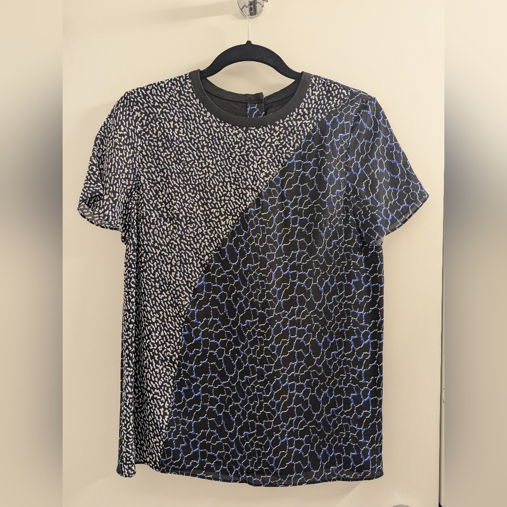 Proenza Schouler Black and Blue Patterned Silk Crew Neck Shirt